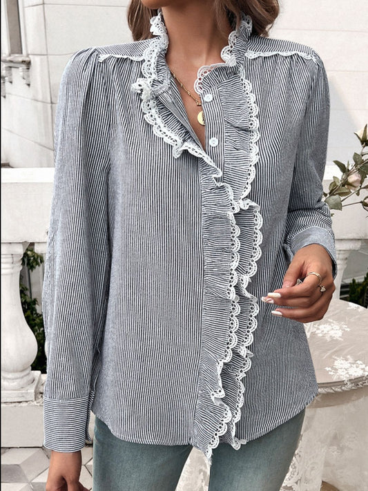 Black White Lace Blouse - Ruffled Sheer Opaque Design - Polyester Cotton Apparel & Accessories > Clothing > Tops DY Ship From Overseas sync-pinterest