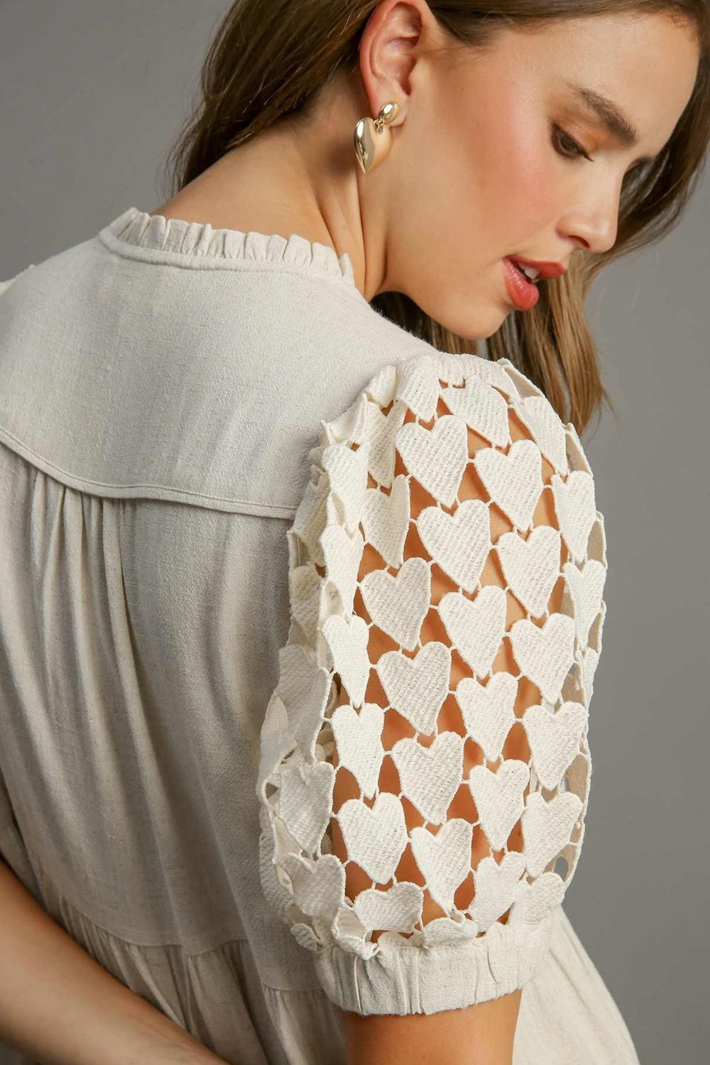 Heart Lace Ruffle Dress - Oatmeal Tie Neck Apparel & Accessories > Clothing > Dresses autopostr_pinterest_71901 autopostr_pinterest_72819 Only Available for U.S. Residents Ship from USA sync-pinterest Umgee USA