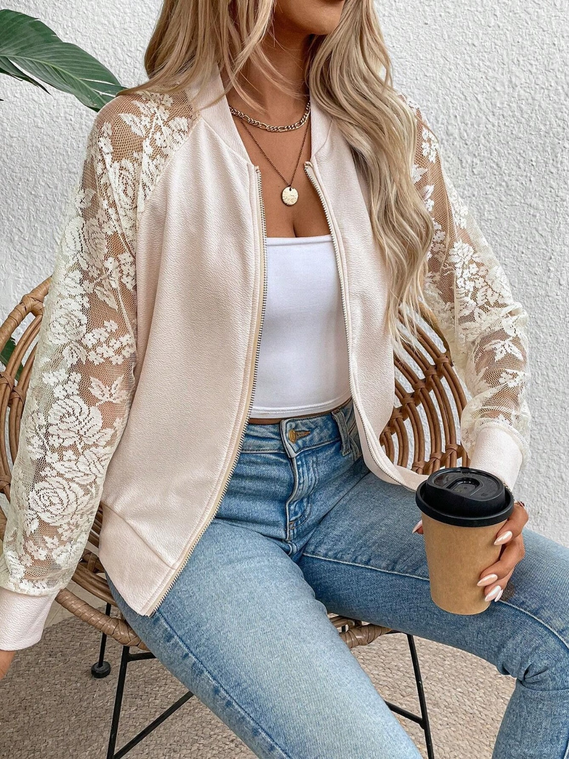 Women's Lace Detail Blouse - 100% Polyester, Machine Washable Apparel & Accessories > Clothing > Outerwear > Jackets & Coats Baseball Baseball Collar Baseball Collar Zip Collar Collar Zip Collar Zip Up Jacket Lace Ship From Overseas sync-pinterest T Up Up Jacket WXFS Zip Zip Up
