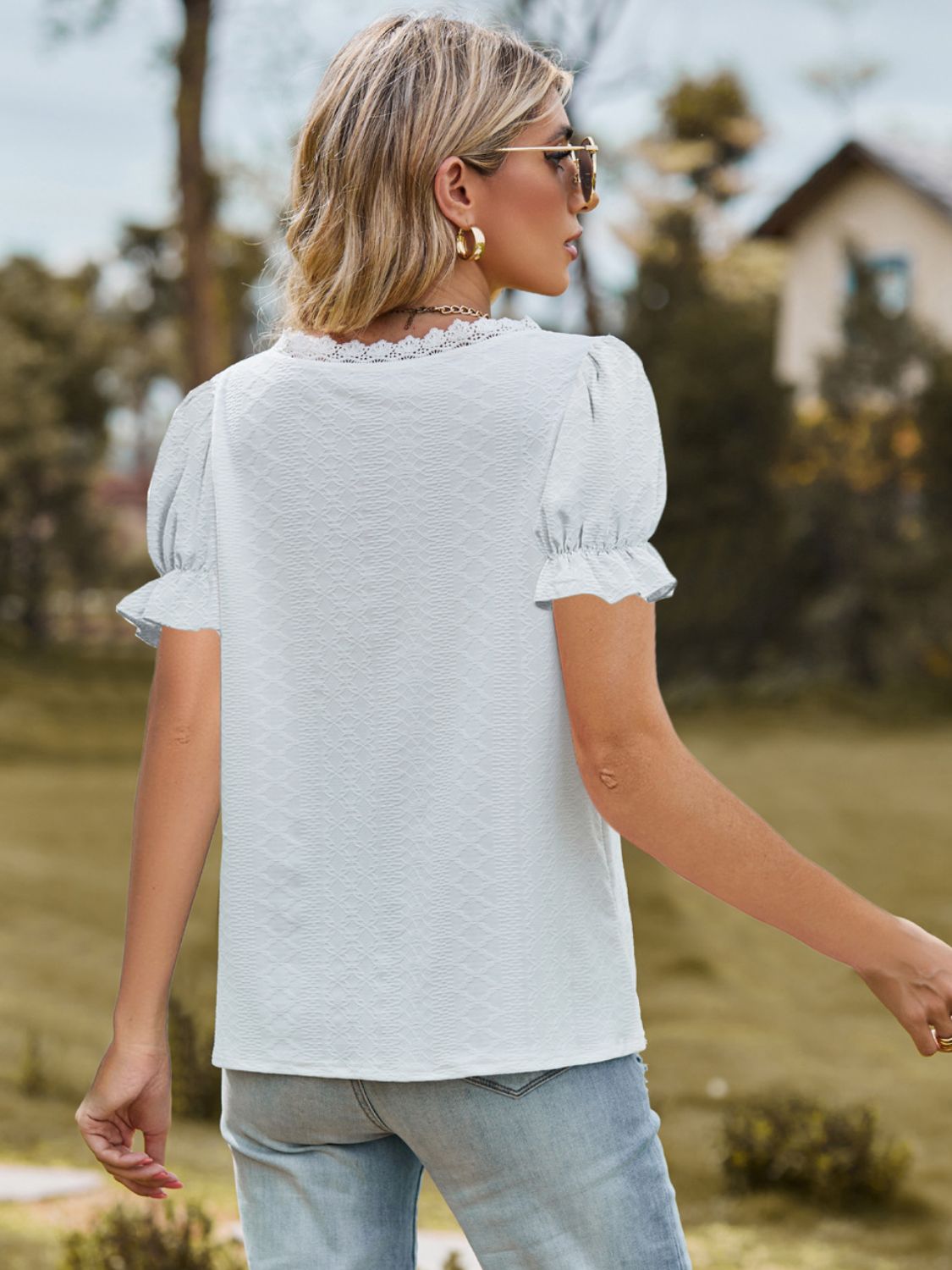 Women's Lace Detail Top with Slight Stretch Apparel & Accessories > Clothing > Tops Blouse Detail Detail V Flounce Flounce Sleeve Flounce Sleeve Blouse K.C Lace Lace Detail Neck Neck Flounce Neck Flounce Sleeve Ship From Overseas Sleeve Sleeve Blouse sync-pinterest T V