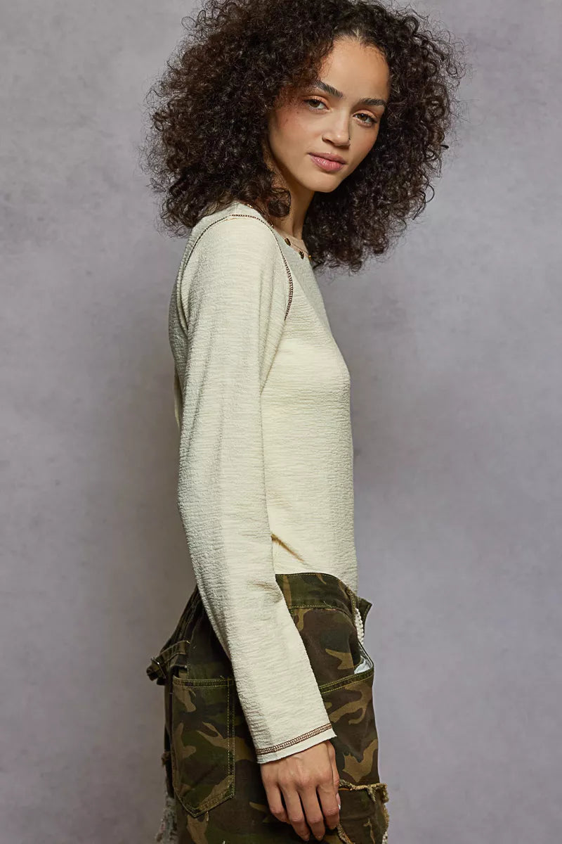 Women’s Round Neck Long Sleeve Stud Stitch T-Shirt 10-31 POL Ship from USA