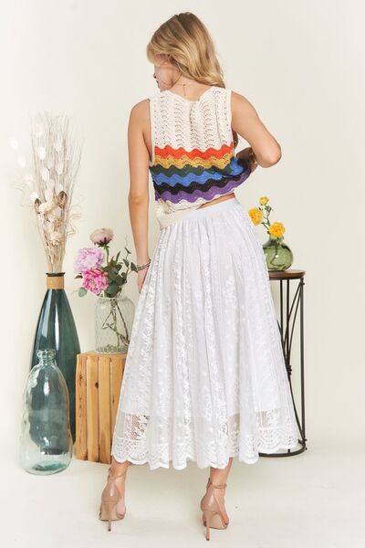 White Elastic Waist Lace Midi Skirt ADORA Ship from USA