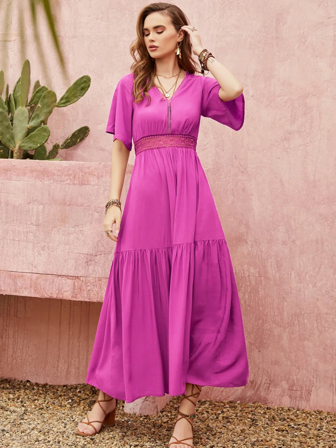 Lace Detail V-Neck Short Sleeve Midi Dress 4-23-overseas Rusttydustty Ship From Overseas