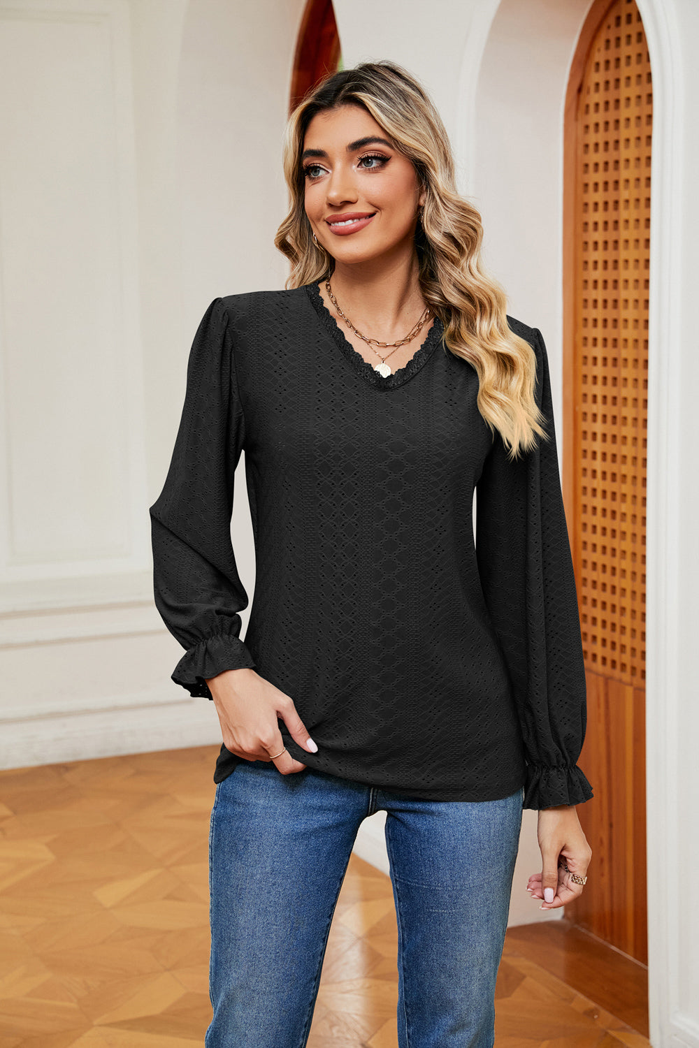 Black Rayon Top - Lace Detail - Opaque Finish - Stretch Fabric Apparel & Accessories > Clothing > Tops autopostr_pinterest_72819 Ship From Overseas sync-pinterest X&D