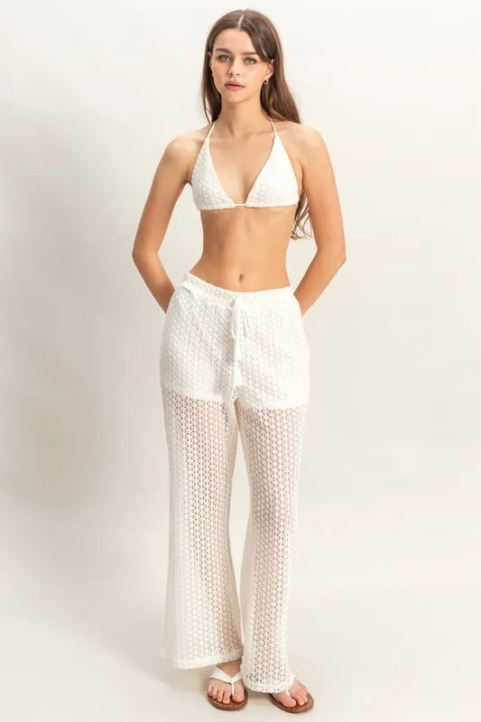 CREAM Beige Crochet Bra and Drawstring Pants Set - Chic, Bohemian, Trendy 7-6 HYFVE Ship from USA