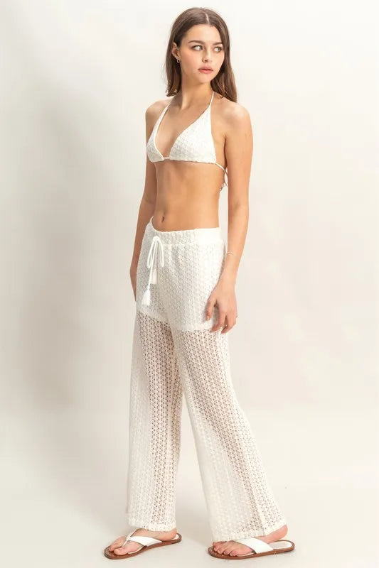 Beige Crochet Bra and Drawstring Pants Set - Chic, Bohemian, Trendy 7-6 HYFVE Ship from USA