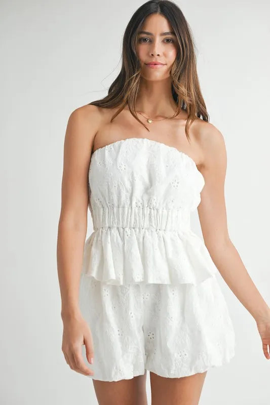 Tube Top Shorts Set - Eyelet Lace - Smocked Peplum Apparel & Accessories > Clothing > Outfits & Sets autopostr_pinterest_71901 autopostr_pinterest_72819 MABLE Only Available for U.S. Residents Ship from USA sync-pinterest