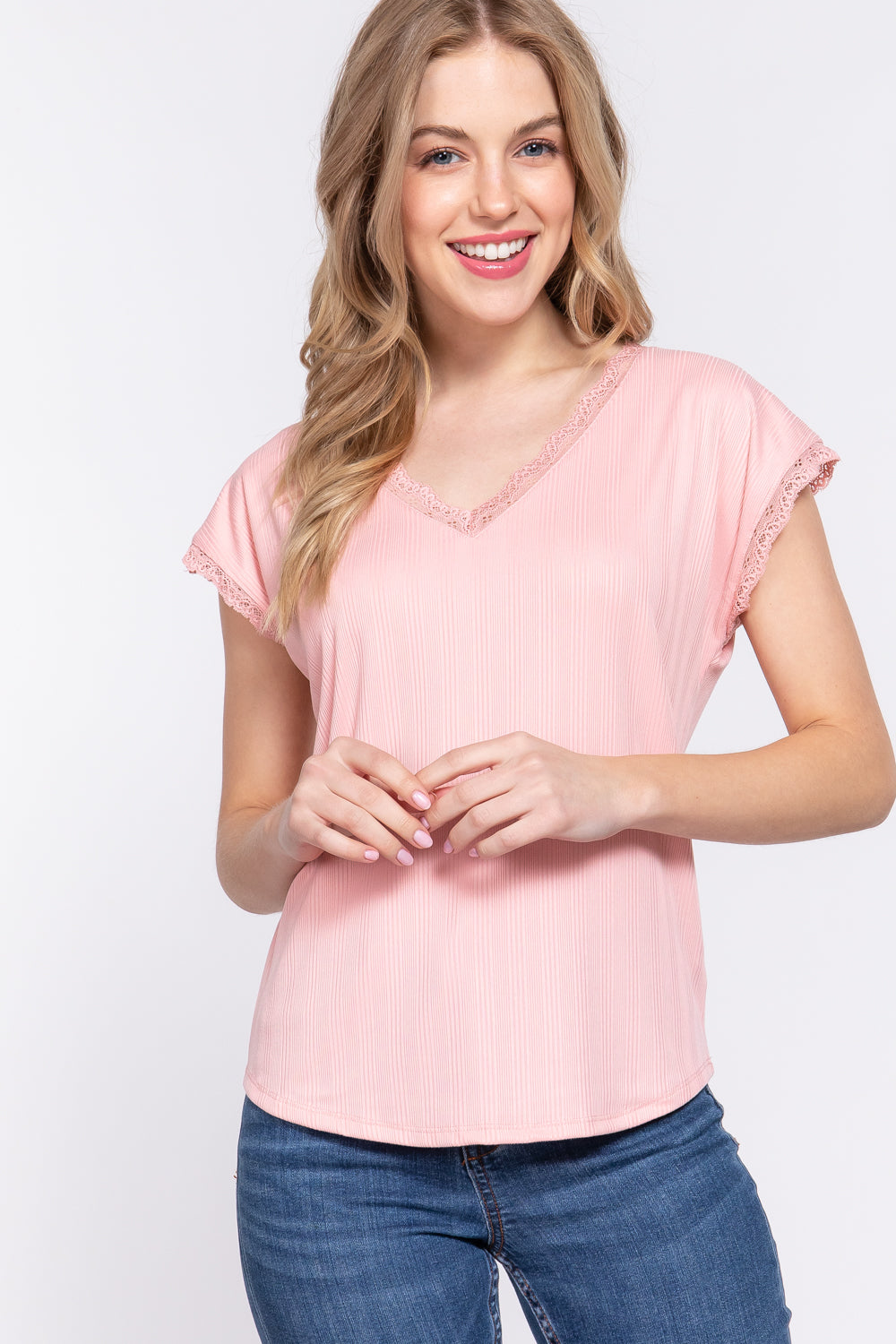 L Pink Lace Top - Short Sleeve - Ribbed - V Neck Clothing & Accessories > Clothing > Tops autopostr_pinterest_71901 lace neck PinterestNew ribbed short sleeve top trim