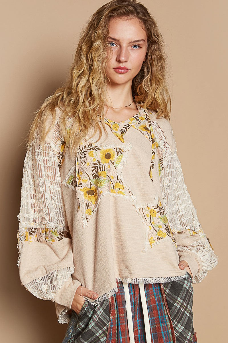 Beige Multi Lace Hoodie - Long Sleeve - Star Patch Clothing & Accessories > Clothing > Tops > Sweatshirts & Hoodies autopostr_pinterest_71901 hooded lace long patch PinterestNew pol sleeve star top