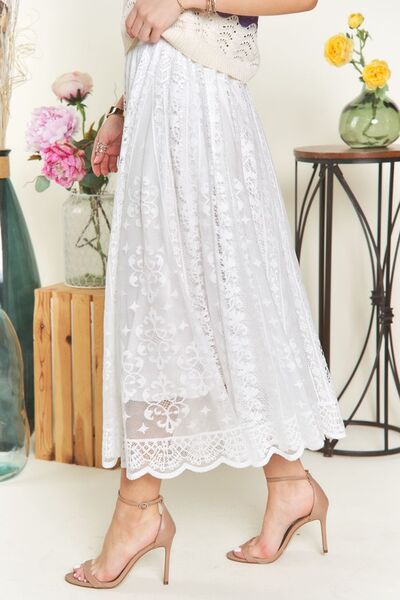 White Elastic Waist Lace Midi Skirt ADORA Ship from USA