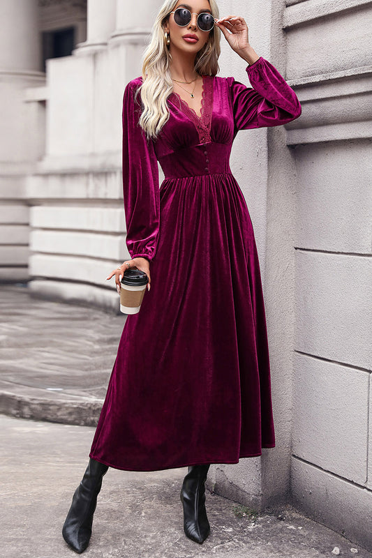 V-Neck Balloon Sleeve Midi Dress