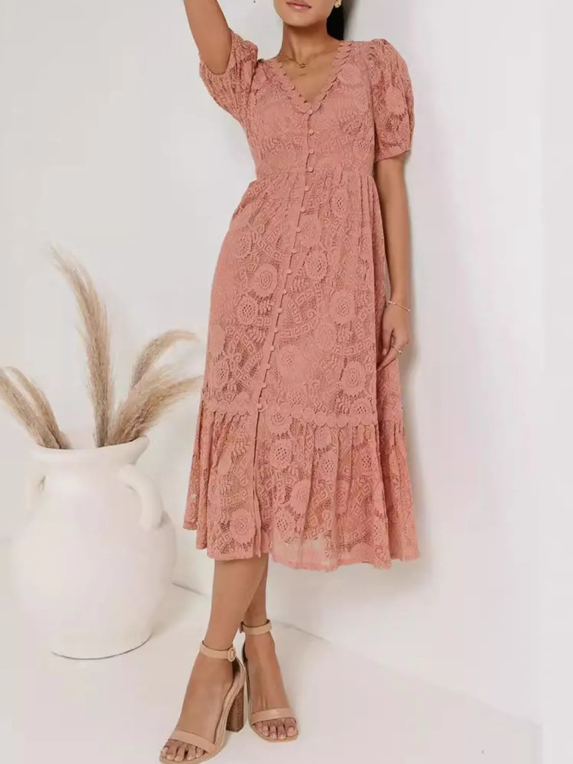 Lace V-Neck Short Sleeve Dress 4-16-overseas Elegant Edge Ship From Overseas