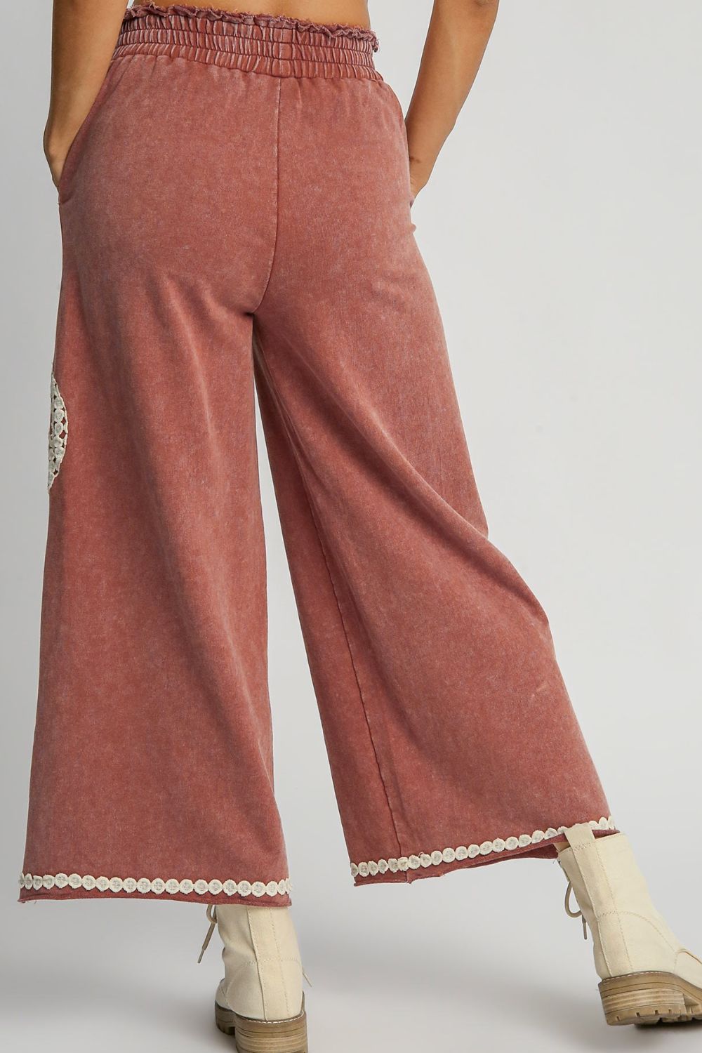 Wide Leg Pants - Cotton Lace Trim - Pockets - Mineral Wash Apparel & Accessories > Clothing > Bottoms > Pants autopostr_pinterest_71901 autopostr_pinterest_72819 Only Available for U.S. Residents Ship from USA sync-pinterest Umgee USA
