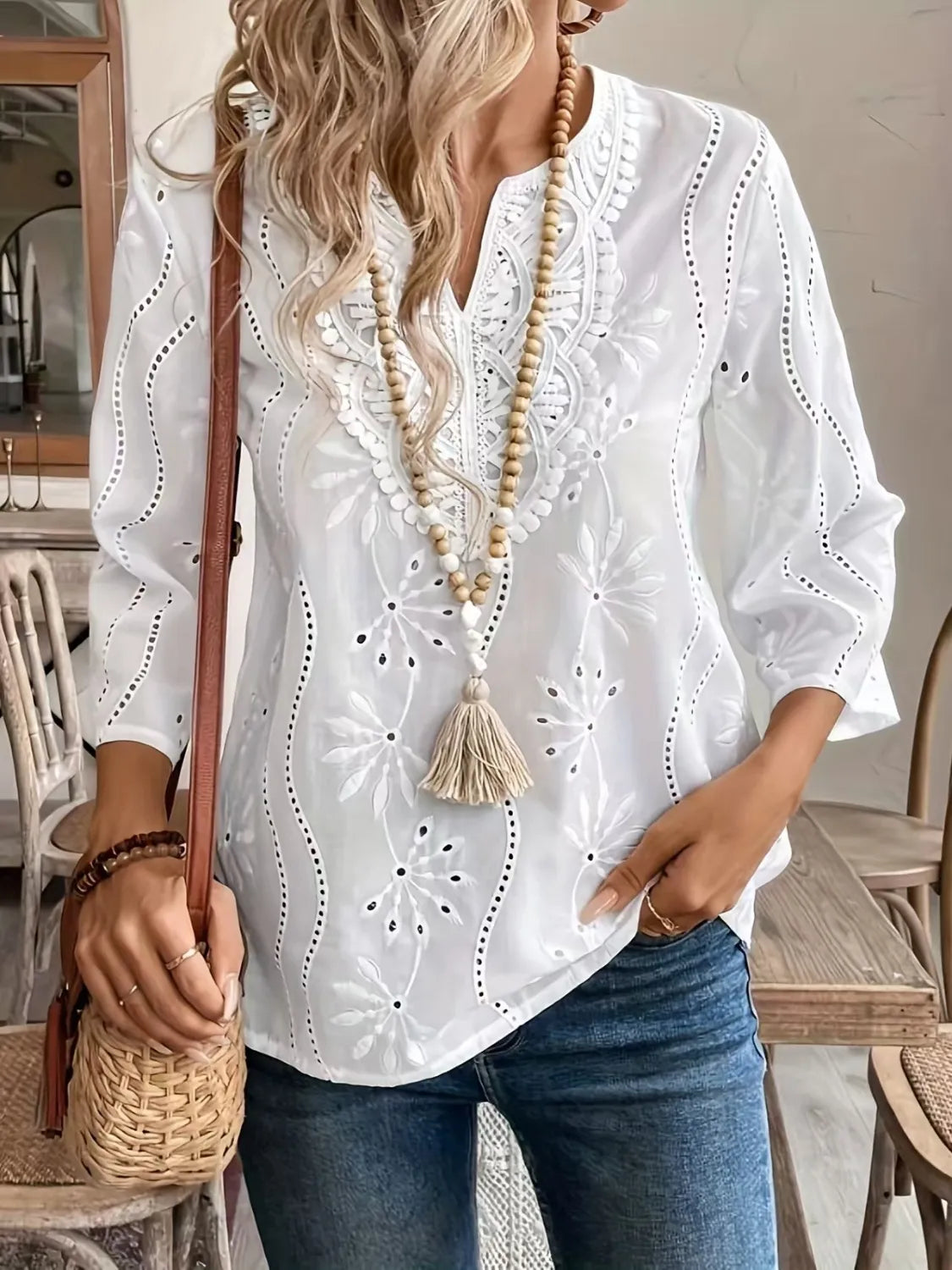 White Blouse - Eyelet Lace Detail - 3/4 Sleeve - Polyester - No Stretch 4-29 Irina Ship From Overseas