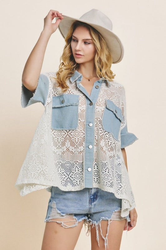 Denim Ivory Denim Ivory Lace Shirt - Button Up - Short Sleeve Clothing & Accessories > Clothing > Tops > Shirts button lace oddi pinterestnew shirt short sleeve