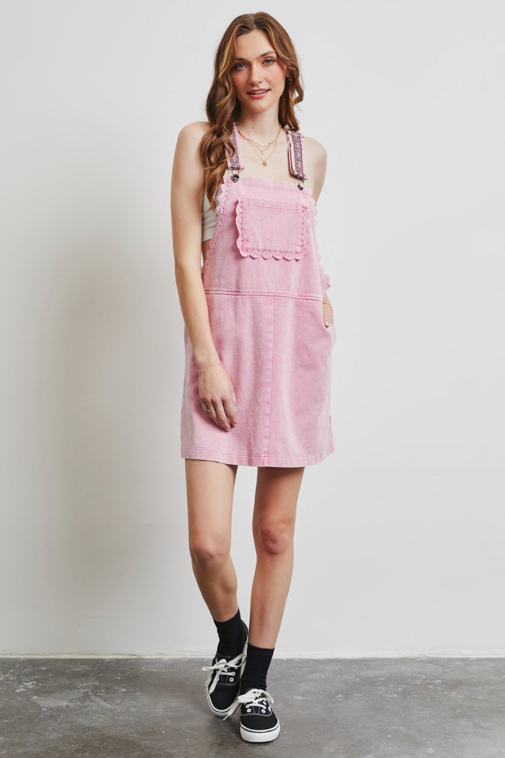 Washed Pink Lace Overall Dress Clothing & Accessories > Clothing > Dresses autopostr_pinterest_71118 autopostr_pinterest_71178 autopostr_pinterest_71277 dress lace overall trim washed