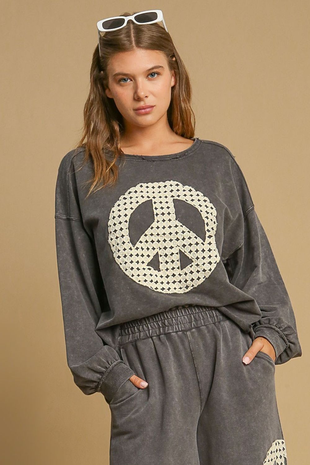 Sweatshirt - Lace Applique - Exposed Seams - Mineral Wash Cotton Apparel & Accessories > Clothing > Tops autopostr_pinterest_71901 autopostr_pinterest_72819 Only Available for U.S. Residents Ship from USA sync-pinterest Umgee USA