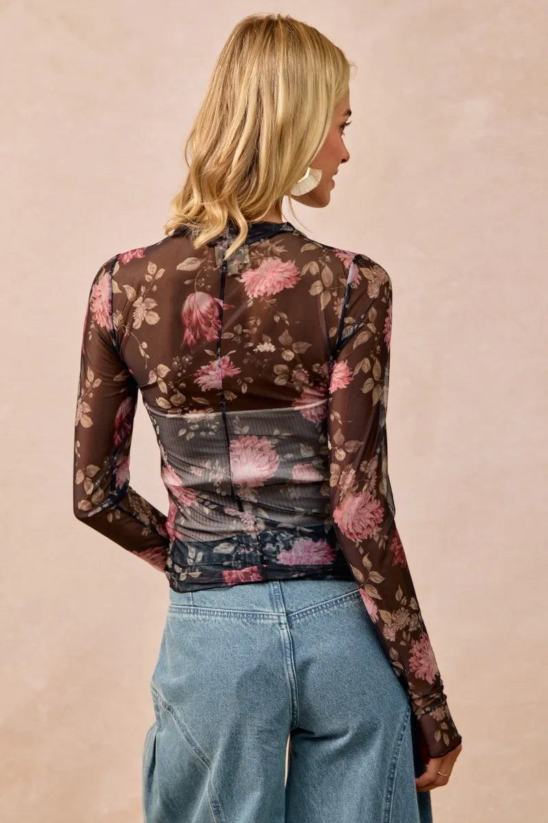 Floral Mesh Sheer Blouse with Ruched Sleeves BiBi Ship from USA