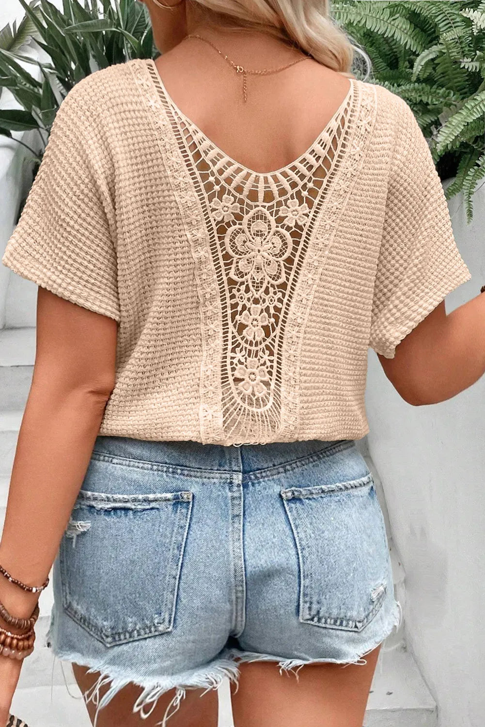 Tan Plus Size Lace Detail Top with Slight Stretch Apparel & Accessories > Clothing > Tops > T-shirts Lace Lace Round Lace Round Neck Neck Neck Short Neck Short Sleeve Plus Plus Size Round Round Neck Round Neck Short Ship From Overseas Shirt Short Short Sleeve Size Sleeve Sleeve T sync-pinterest SYNZ Textured V