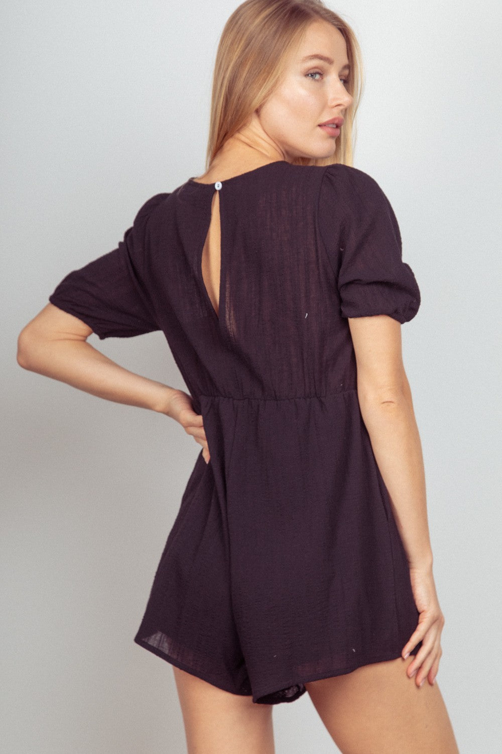 Black Lace Romper - Puff Sleeve - Short Sleeve - Pockets Clothing & Accessories > Clothing > Jumpsuits & Rompers autopostr_pinterest_71118 autopostr_pinterest_71178 autopostr_pinterest_71277 detail lace pockets puff romper sleeve