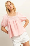 BABY PINK Peasant Top - Cotton Crochet Puff Sleeve - Boho Vintage Style 4-23-usa HYFVE Ship from USA