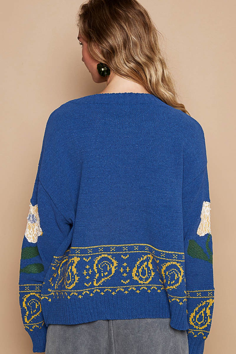 Blue Sweater - Long Sleeve - Floral Lace Clothing & Accessories > Clothing > Tops > Sweaters autopostr_pinterest_71118 autopostr_pinterest_71178 autopostr_pinterest_71277 flower lace long patch pol sleeve sweater