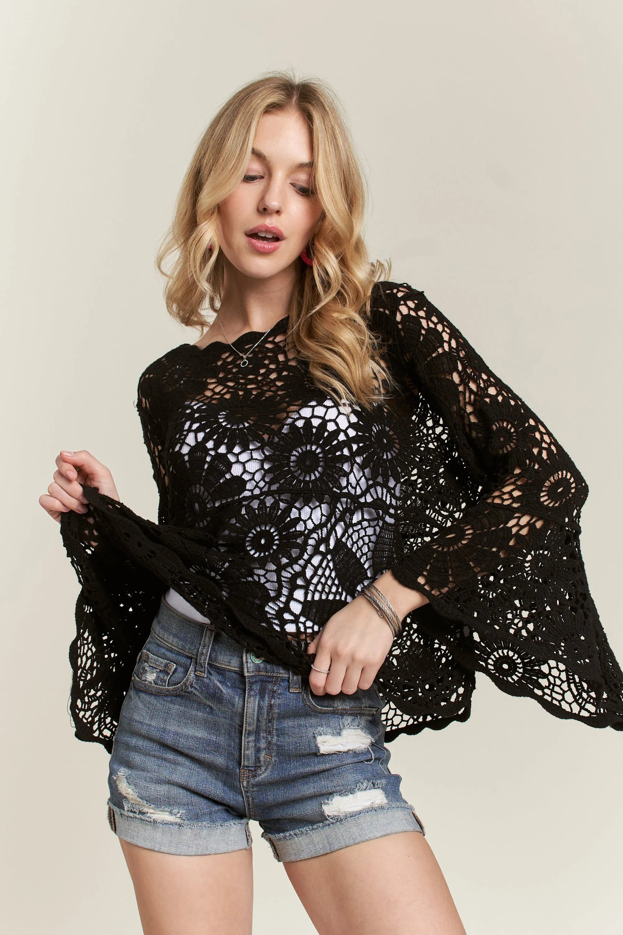 Black Cotton Bell Sleeve Top - Chic, Romantic, Bohemian 7-6 ADORA Ship from USA
