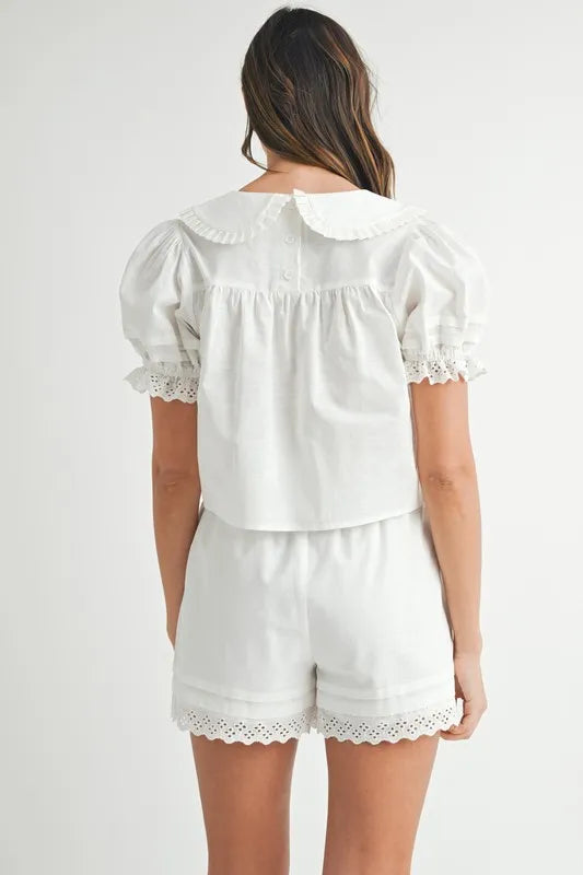 Off-White Babydoll Blouse Shorts Set-Peter Pan Collar-Cute Summer Outfit MABLE Only Available for U.S. Residents Ship from USA sync-pinterest