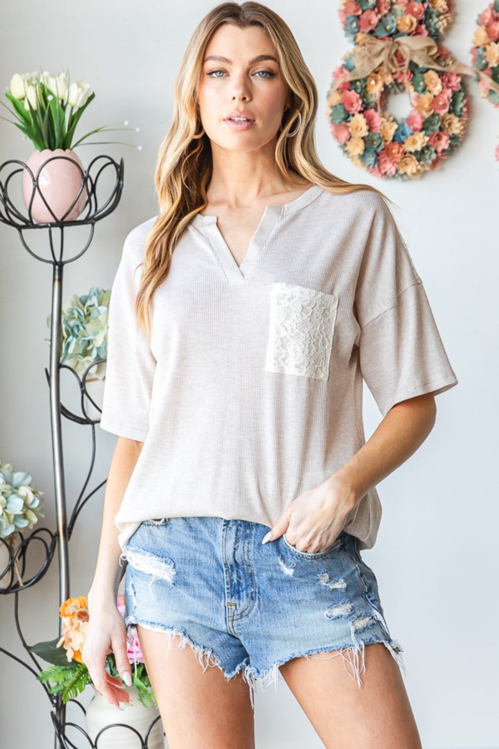 Oatmeal Lace Top - Drop Shoulder - Short Sleeve - Front Pocket Clothing & Accessories > Clothing > Tops autopostr_pinterest_71901 drop front full lace PinterestNew pocket shoulder size top