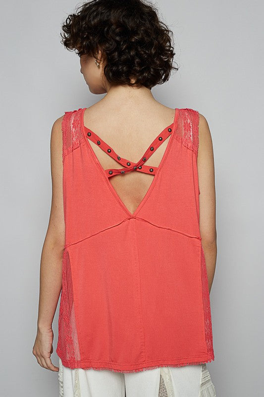 Strawberry Lace Detail Top - Studded - Crisscross Back - V-Neck Sleeveless Top POL Ship from USA