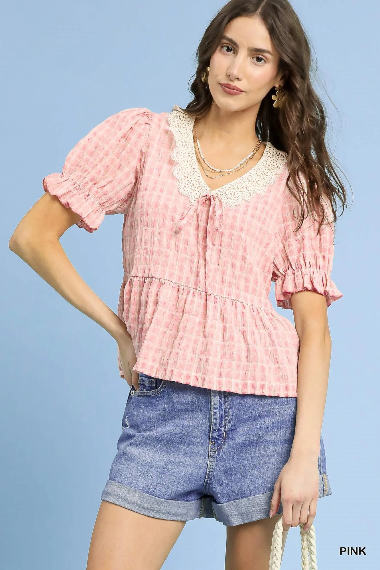 Pink Pink Polyester Peplum - Boho Ruffled Smocked 7-11 Ship from USA Umgee USA