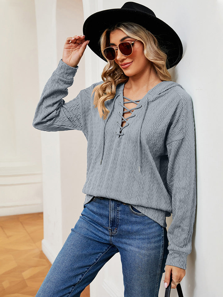 Cloudy Blue Hoodie - Lace-Up Stretch Rayon Opaque Long Sleeve Top Apparel & Accessories > Clothing > Tops > Hoodies M.N.Y Ship From Overseas sync-pinterest