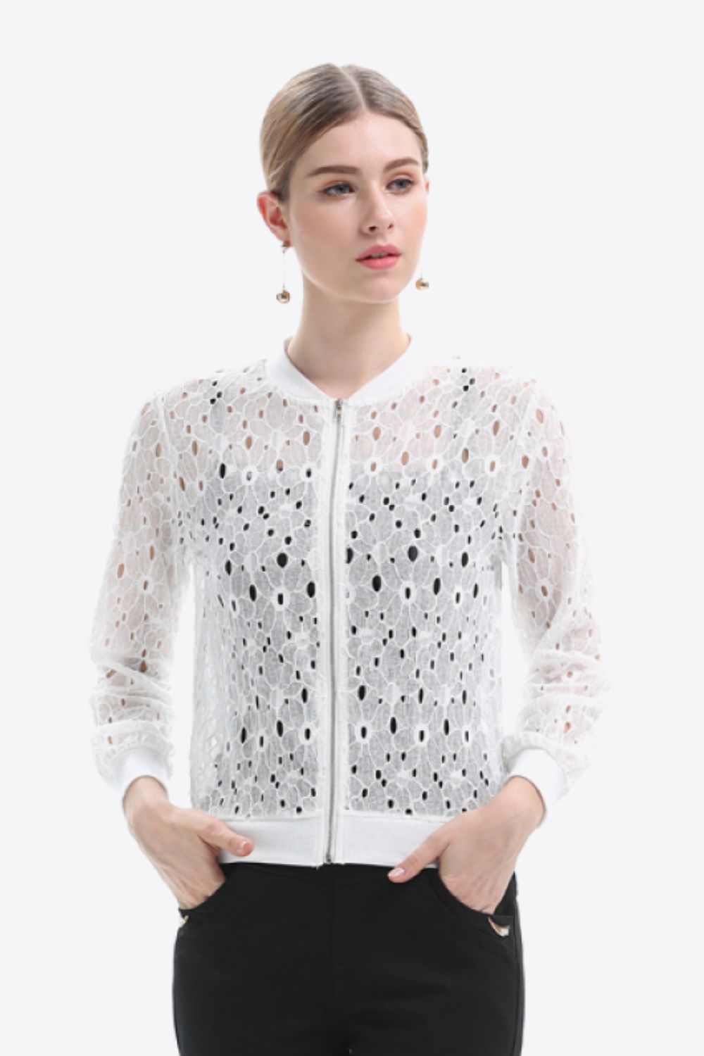 White Lace Detail Long Sleeve Top - Round Neck - Solid Casual Apparel & Accessories > Clothing > Outerwear > Jackets & Coats JR Ship From Overseas sync-pinterest