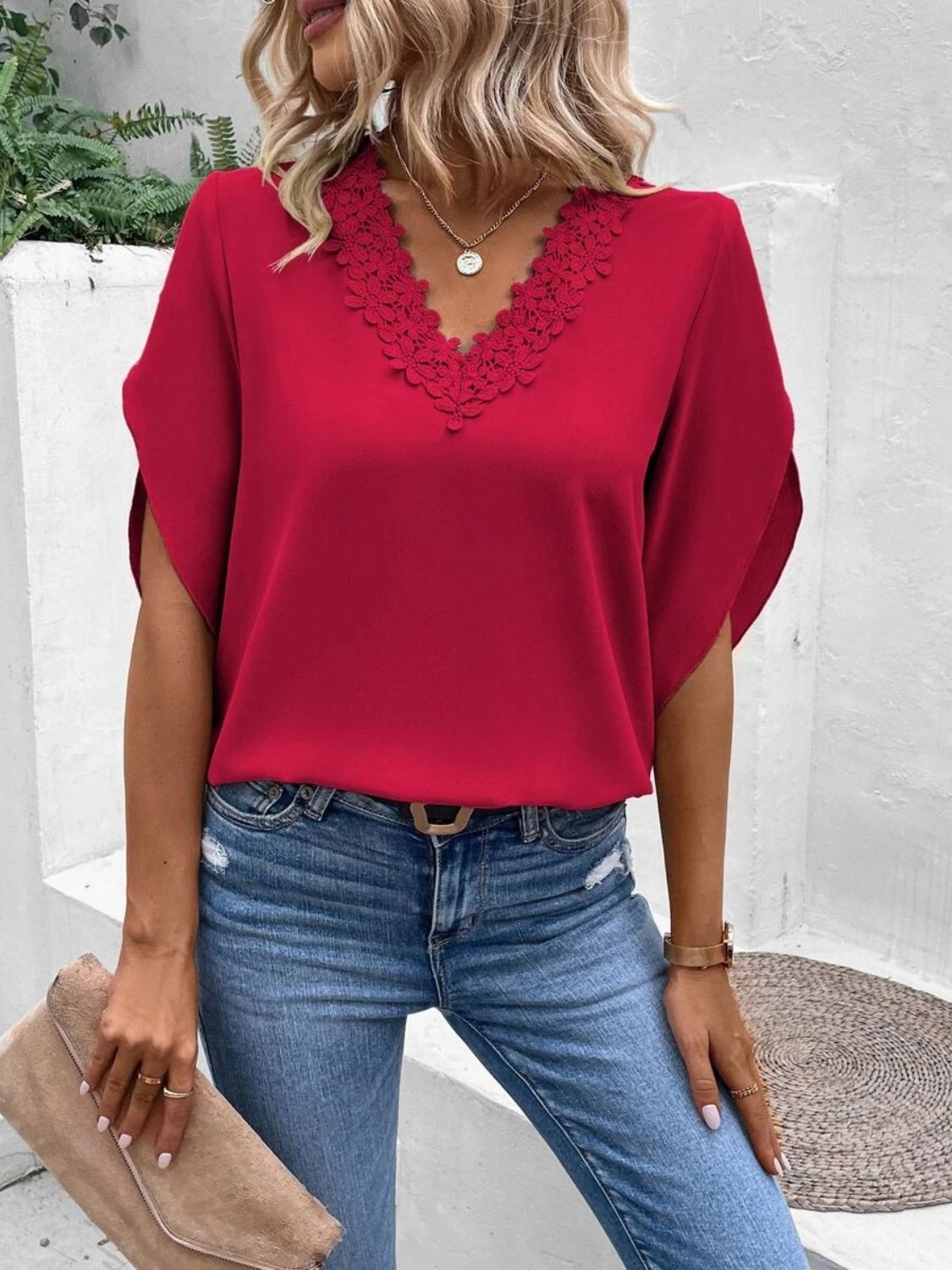 Deep Red Elegant Lace Detail Blouse in Polyester Spandex Blend Apparel & Accessories > Clothing > Tops Axelle Blouse Detail Detail V Half Half Sleeve Half Sleeve Blouse Lace Lace Detail Neck Neck Half Neck Half Sleeve Ship From Overseas Sleeve Sleeve Blouse sync-pinterest V