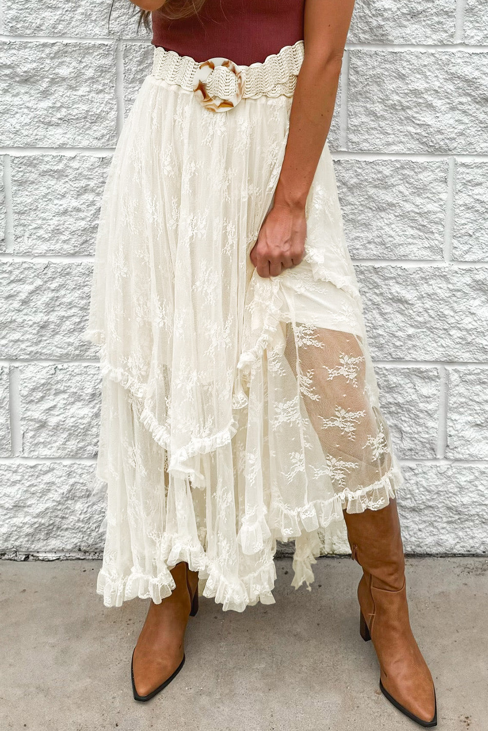 Midi Skirt - Tiered Lace Overlay - Semi-Sheer Partial Lining Apparel & Accessories > Clothing > Skirts Lace Midi Midi Skirt Ship From Overseas Skirt sync-pinterest SYNZ Tie