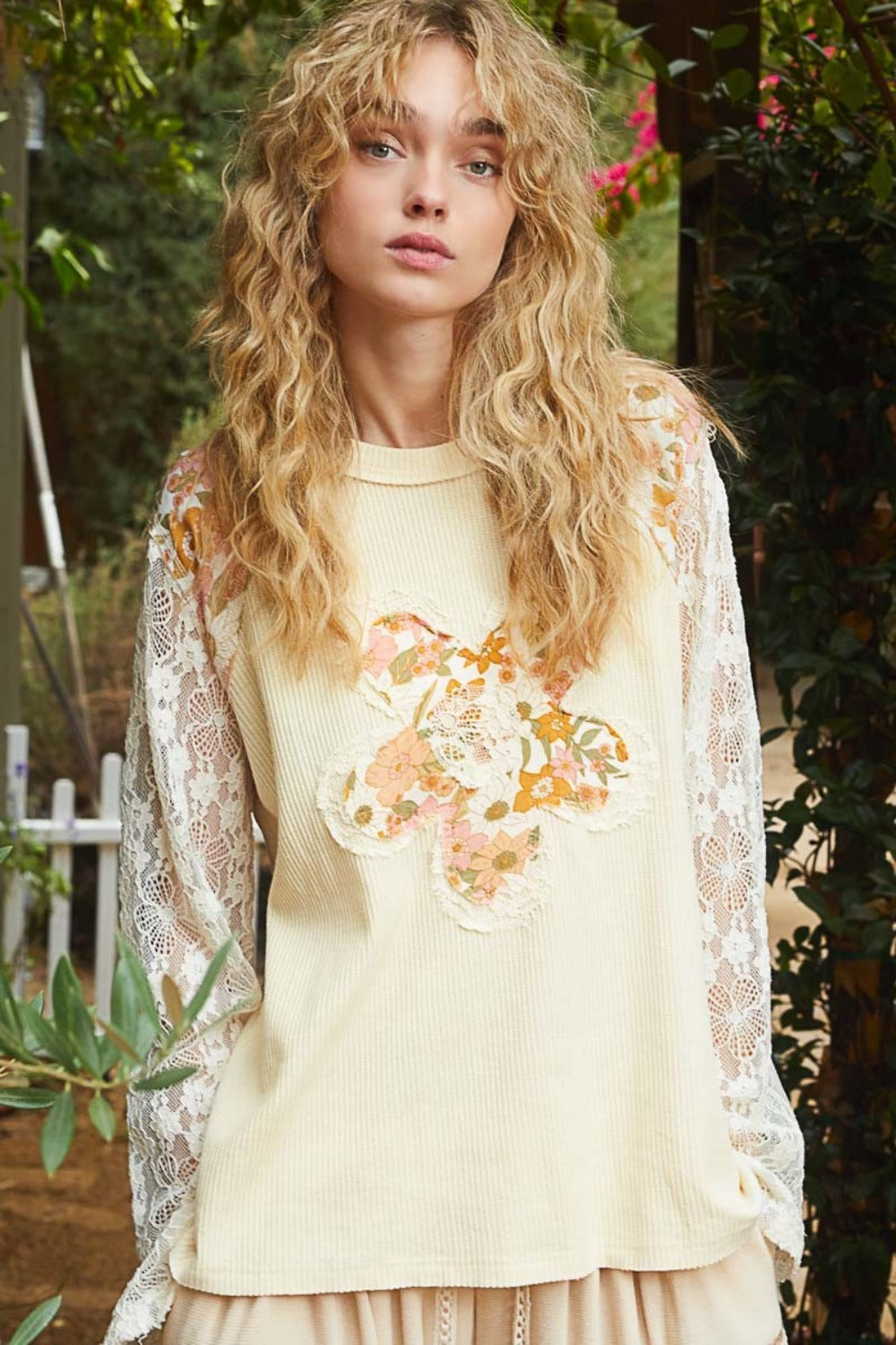 Cream Top - Long Lace Sleeves - Floral Patch Clothing & Accessories > Clothing > Tops autopostr_pinterest_71901 flower knit lace patch PinterestNew pol sleeve top