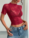 Top - Lace - Mock Neck - Short Sleeve - Elegant - Fitted 5-1-overseas Ship From Overseas WXFS