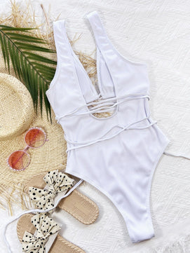 Ribbed Lace Up One-Piece Swimsuit