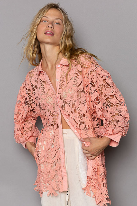 Peach Coral Peach Coral Lace Shirt - Button Up - Collared Neck - Long Sleeve Clothing & Accessories > Clothing > Tops > Shirts autopostr_pinterest_71118 autopostr_pinterest_71178 autopostr_pinterest_71277 button collared lace neck pol shirt