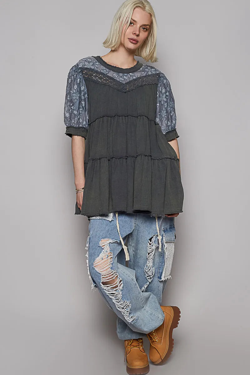 Enchanting Lace Trim Boho Blouse 7-11 POL Ship from USA