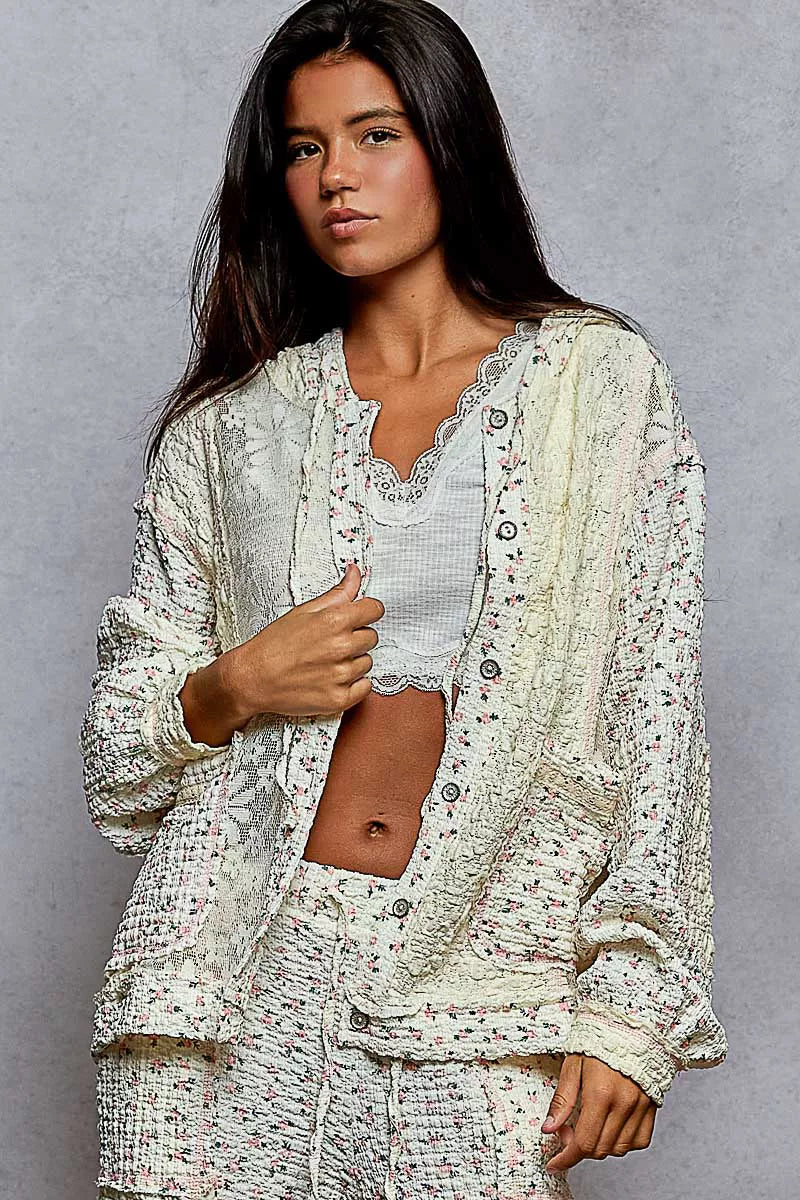 Women’s Floral Lace Hooded Balloon Sleeve Jacket 10-31 POL Ship from USA