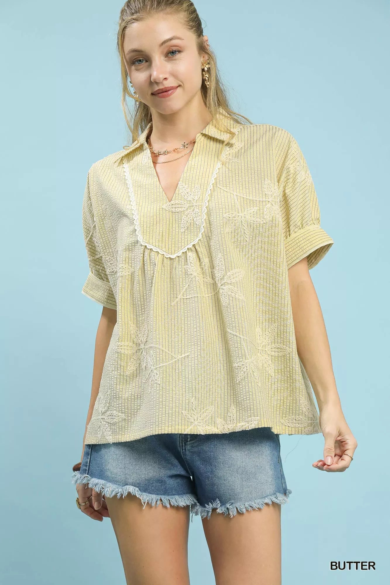 BUTTER Women’s Striped Embroidered Scallop Trim Short Sleeve Blouse 10-31 Ship from USA Umgee USA