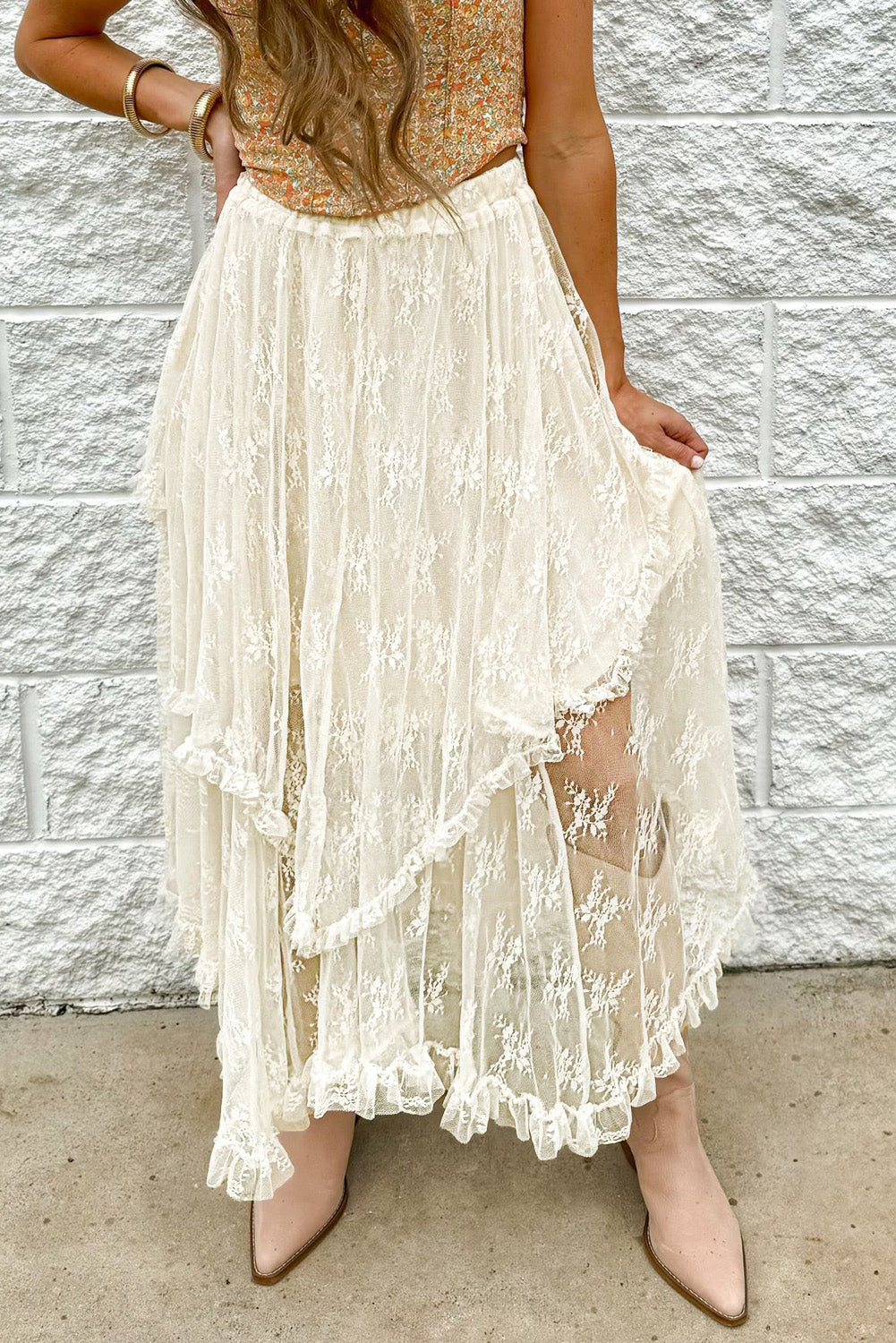 Midi Skirt - Tiered Lace Overlay - Semi-Sheer Partial Lining Apparel & Accessories > Clothing > Skirts Lace Midi Midi Skirt Ship From Overseas Skirt sync-pinterest SYNZ Tie