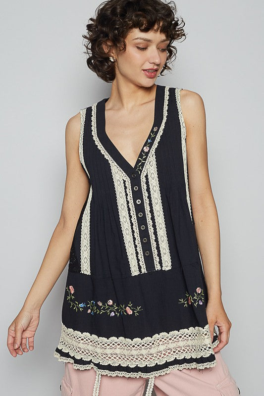 Embroidered Lace Detail Top - V-Neck - Sleeveless POL Ship from USA