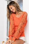 Coral Knit Top - Crochet Lace Sleeves - Round Neck - No Stretch Apparel & Accessories > Clothing > Tops autopostr_pinterest_71901 autopostr_pinterest_72819 BiBi Only Available for U.S. Residents Ship from USA sync-pinterest