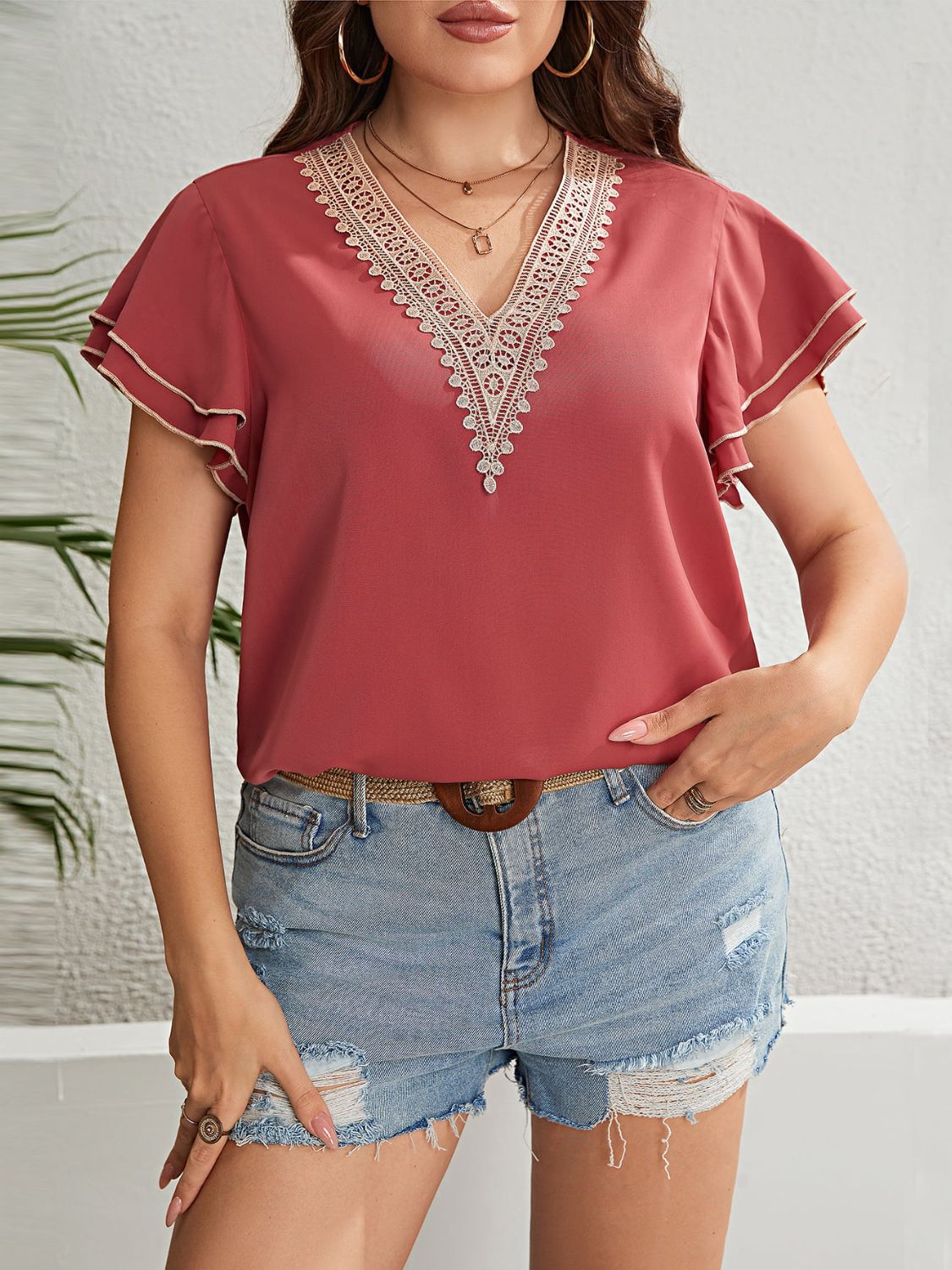 Blouse - Lace V-Neck Flutter Sleeve - Casual Solid Top Apparel & Accessories > Clothing > Tops Blouse Contrast Contrast V Flutter Flutter Sleeve Hanny Layered Neck Plus Plus Size Ship From Overseas Size Sleeve Sleeve Blouse sync-pinterest T V