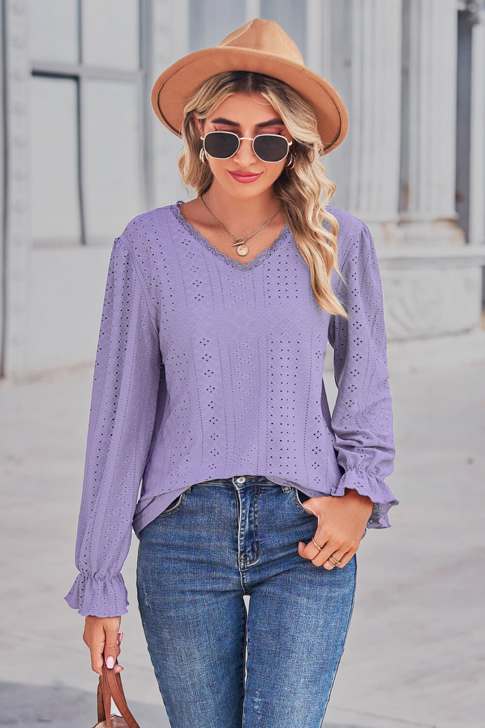 Lilac Chic V-Neck Long Sleeve Lace Eyelet Dress with Flounce Sleeves Apparel & Accessories > Clothing > Tops Flounce Flounce Sleeve H&L&L Lace Lace Trim Neck Neck Flounce Neck Flounce Sleeve Ship From Overseas Sleeve Sleeve T Sleeve Top sync-pinterest Top Trim Trim V V