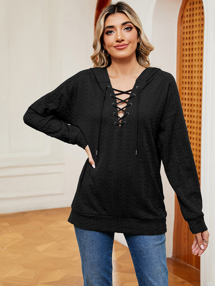 Hoodie - Lace-Up Stretch Rayon Opaque Long Sleeve Top Apparel & Accessories > Clothing > Tops > Hoodies M.N.Y Ship From Overseas sync-pinterest