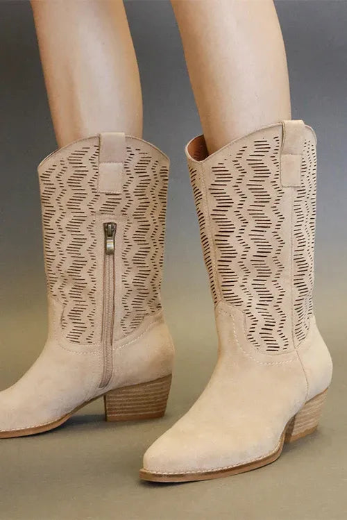 Tan Laser-Cut Suede Boots – Elegant Block Heel Beast Fashion Ship from USA