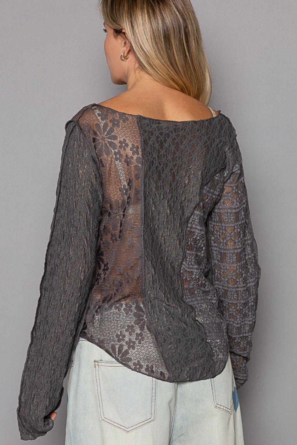 Exposed Seam Long Sleeve Lace Knit Top